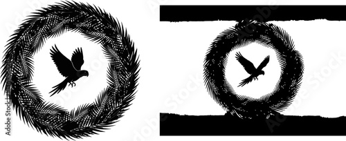 Tropical parrot flying through palm leaf wreath silhouette vector design