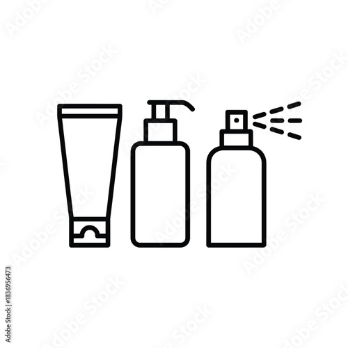 Simple line drawing of cosmetic products tube pump and spray bottle