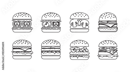 Collection of eight unique hand drawn burger designs delicious fast food icons ready for commercial use vector