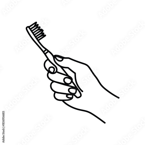 A hand holding a toothbrush in a simple black and white line drawing