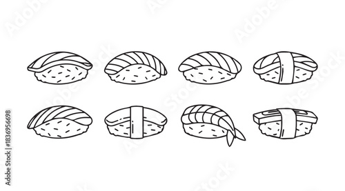 Eight hand drawn sushi nigiri styles artistic sketch food illustration vector
