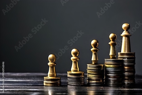 Golden Chess Pieces on Stacked Coins Symbolizing Strategic Leadership, Best Candidate Choice, and Competitive Advantage