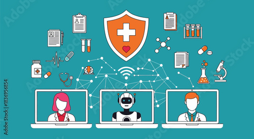 Telemedicine professionals connecting with robot assistant online