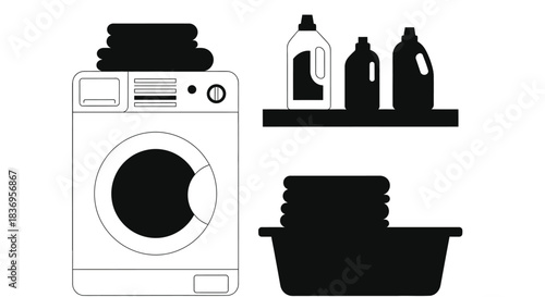 Laundry essentials with washing machine and colorful towels