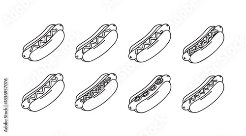 Artistic sketch drawing of eight delicious hot dogs with various toppings and condiments vector