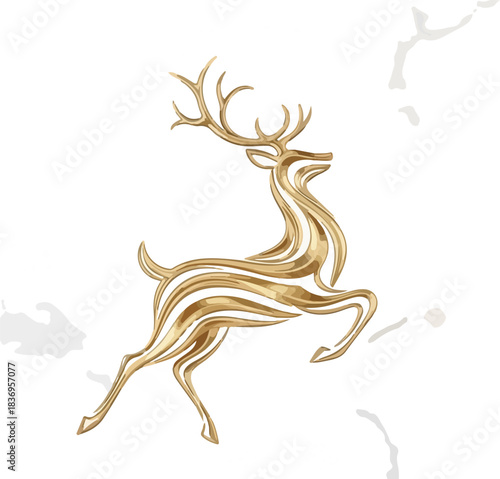 Luxurious minimalist Christmas greeting card featuring a gold deer illustration on white background with marble texture