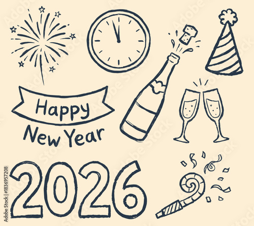 Retro vintage new year in grunge minimalist charcoal style drawings. Doodle sketches for party or new year celebration decor. Hand drawn chalk elements.