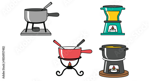 Variety of fondue pots on stands with warm lighting