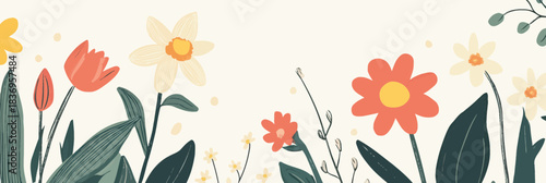 Flat minimalist vector illustration of colorful spring flowers including tulip daffodil and wild plants with leaves on light background for greeting card or poster design