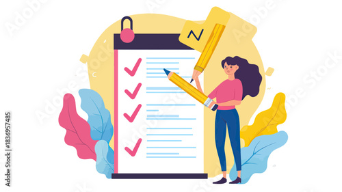 Woman holding giant pencil checking off items on large survey checklist clipboard surrounded by colorful leaves flat cartoon vector illustration