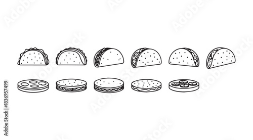 Hand drawn taco assortment sketch collection delicious mexican food elements isolated outline art vector