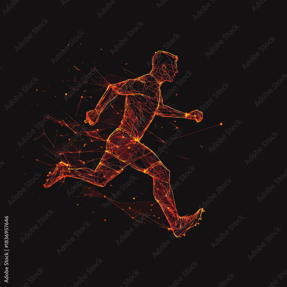 Fototapeta premium Abstract digital polygonal soccer player running silhouette made of glowing orange lines and points on black background dynamic motion vector illustration
