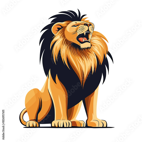 Majestic roaring lion sitting with detailed black and golden mane full body vector illustration of proud wild big cat predator on white background
