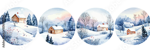 Winter snow landscape illustrations with cozy houses, bare trees, fir trees, hills, frosted branches, and red berries in circular frames for seasonal holiday design