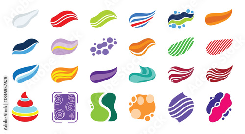 Collection of colorful abstract shapes and swatches representing toothpaste textures and flavors.