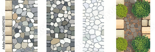 Top view seamless cobblestone tile patterns for garden patio walkway and sidewalk path with natural stone textures in flat vector style illustration