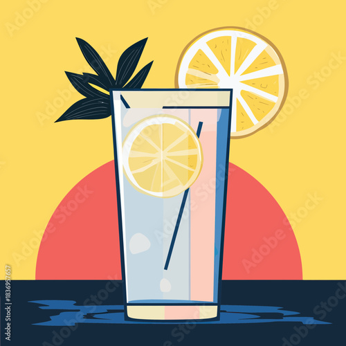 Minimalist vector illustration of refreshing glass with lemon slices and straw on dark surface against sunset background with citrus slice and decorative leaves