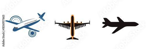 set of three airplane icons showing different views silhouette and colored illustrations aviation flight transport vector symbols flat design minimalist style