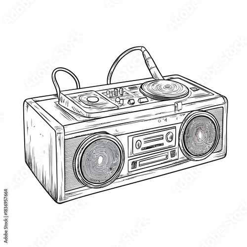 Hand drawn vintage boombox with cassette player and turntable sketch black and white retro music player vector illustration drawing