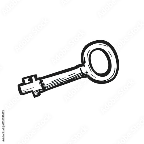 Hand-drawn sketch style vintage key illustration with round handle and simple shaft in black and white isolated vector design for security and access concept
