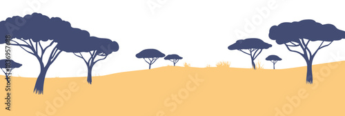 Minimalist vector illustration of savannah landscape with acacia trees and dry grass on smooth rolling hills in flat style isolated on white background