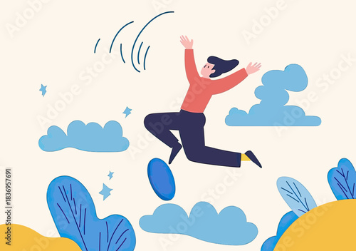 Confident person jumping high over blue clouds with dynamic movement in minimalist flat vector illustration for success and growth concept