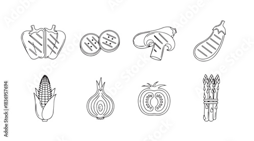 Grilled vegetable icons fresh food ingredients for healthy cooking and barbecue summer season vector