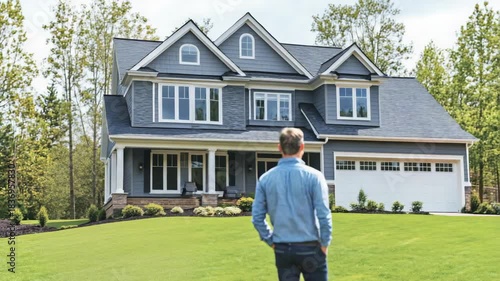 selective focus person standing proudly in front of newly purchased house