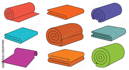 Colorful yoga mats in various rolled and flat positions