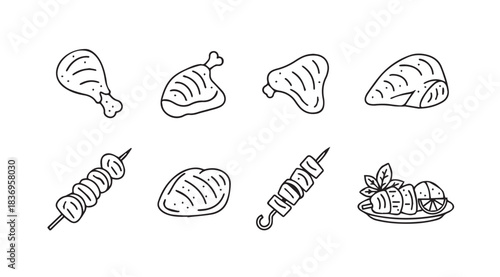 Set of hand drawn grill food icons meat chicken fish skewers and seafood for culinary designs vector