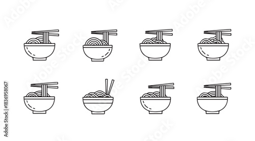 Set of stylized line art bowls filled with noodles and chopsticks for asian cuisine vector