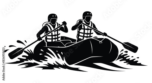 Two people kayaking through rough water