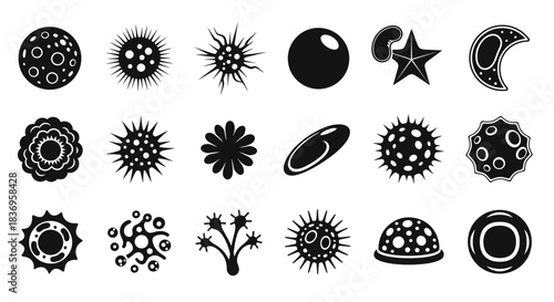 Black icons of various shapes and microorganisms