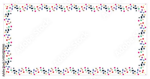 A modern geometric border features scattered blue and navy shapes including triangles, squares, and circles against a clean white backdrop, creating a contemporary graphic frame.art