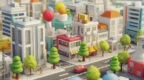 Fototapeta Naklejka Na Ścianę i Meble -  A low-poly city scene shows colorful buildings and clear skies. Trees line the streets next to cars moving along the road. People enjoy the lively atmosphere of this urban area