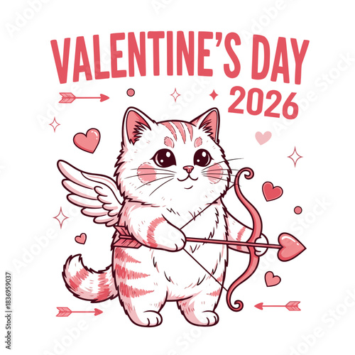 A cartoon cat with wings and a bow and arrow surrounded by hearts and stars on a white background for Valentine's Day 2026