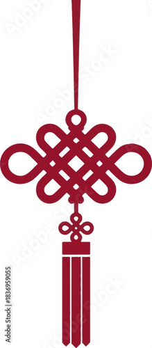 Traditional Chinese Knot Ornament with Tassel, Red on White Background