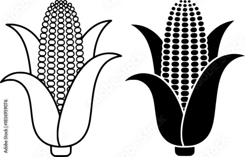 Two Stylized Corn Cobs, One Outline, One Solid Black