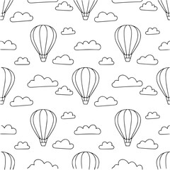 Fotobehang Luchtballon Luchtballonnen en wolken in lijntekening  © Vectory Icons