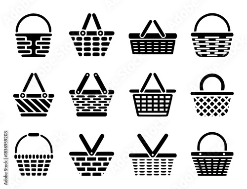 Collection of various woven basket icons with handles