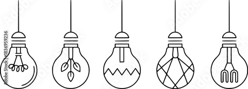 Five hanging light bulbs with unique filament designs