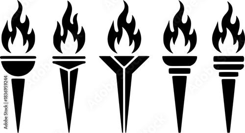 Five Black Silhouette Torches with Flames on White Background