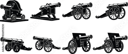 Vintage cannon collection a set of historical artillery weapons in silhouette