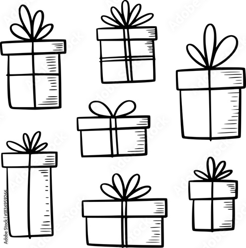 Hand-drawn Collection of Gift Boxes with Ribbons and Bows
