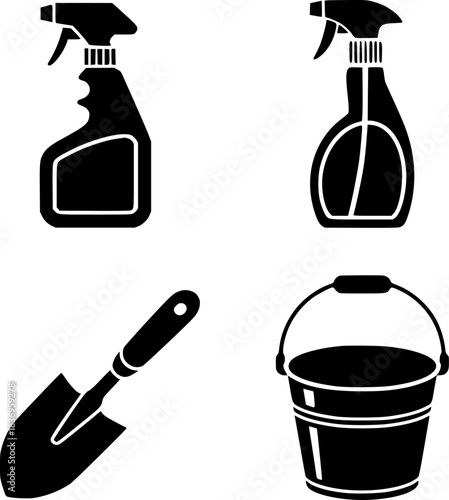 Icon Set Spray Bottles, Trowel, and Bucket for Cleaning and Gardening
