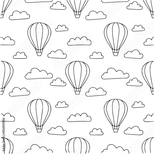 Seamless Pattern of Hot Air Balloons and Clouds in Outline Style