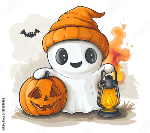 Illustration of a cute ghost made from a sheet with a lantern and a carved pumpkin on a white background