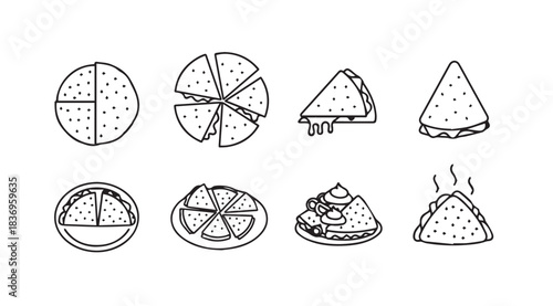 Hand drawn pizza slices and whole pies collection fresh italian food icons set vector