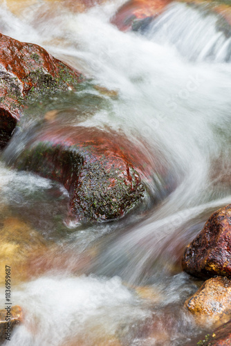 A small stream flows over smooth and rounded rocks in a forest in Skikda, Algeria.