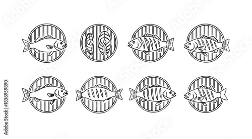 Set of eight stylized fish icons within circular frames for culinary or seafood themes vector